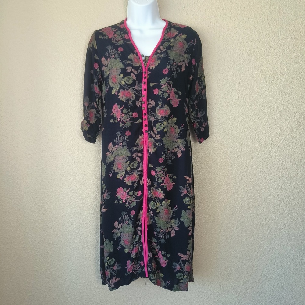 NEERU KUMAR women's floral tunic black and pink sz S buttons v‎ neck tunic Dress